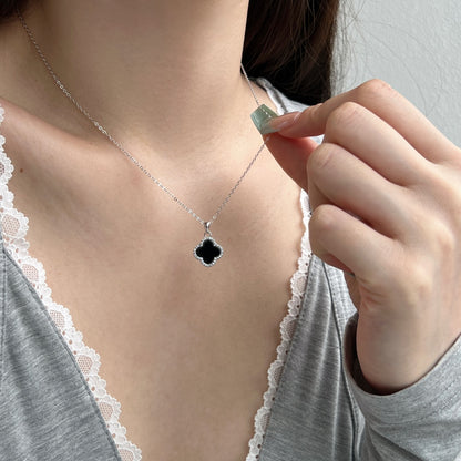 SILVER ONYX CLOVER NECKLACE - BRILLI GOLDINI