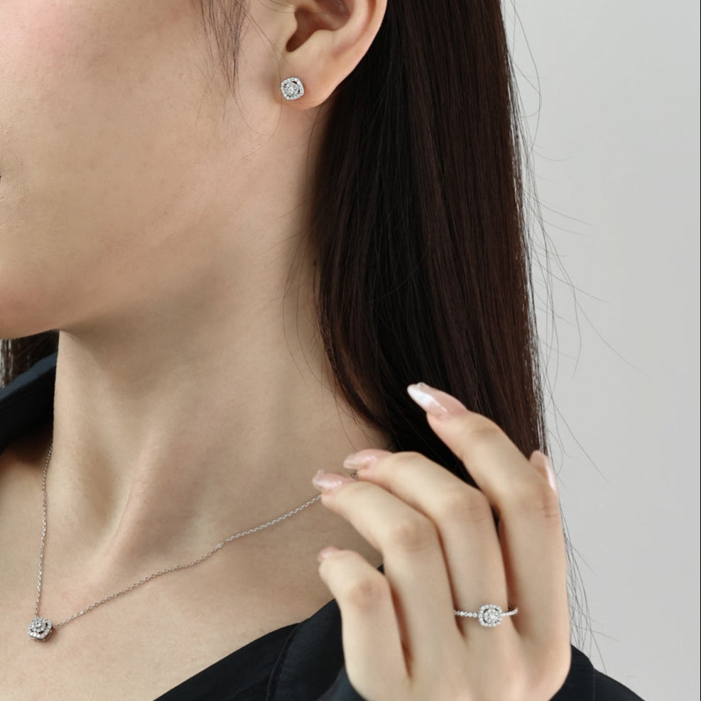 SILVER CUSHION HALO STUD EARRINGS - BRILLI GOLDINI