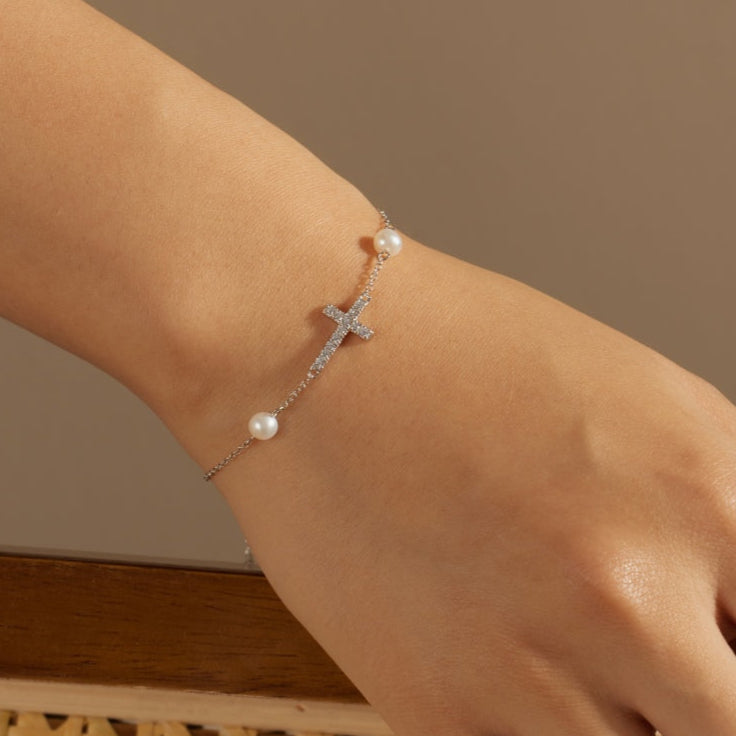 SILVER CROSS PEARL BRACELET - BRILLI GOLDINI