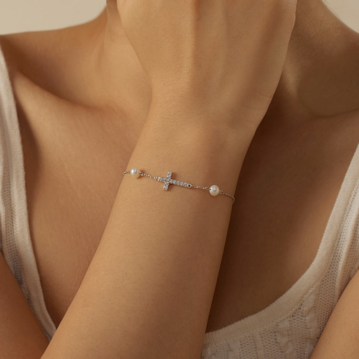 SILVER CROSS PEARL BRACELET - BRILLI GOLDINI