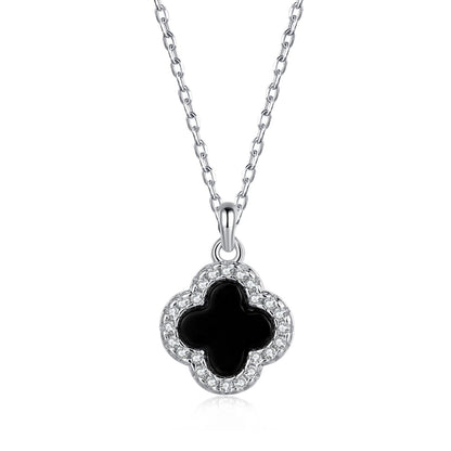 SILVER ONYX CLOVER NECKLACE - BRILLI GOLDINI