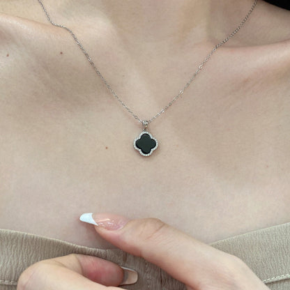 SILVER ONYX CLOVER NECKLACE - BRILLI GOLDINI