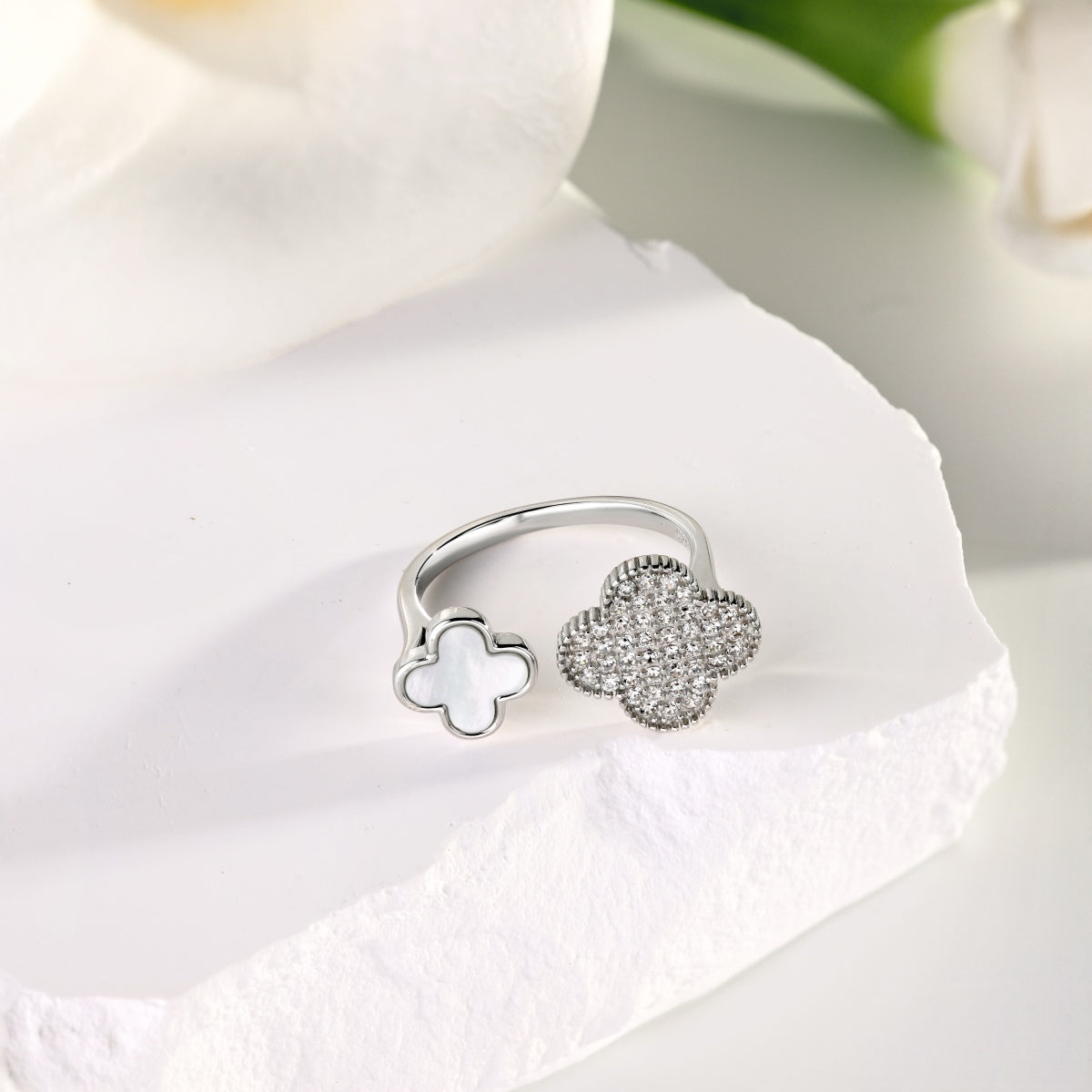 SILVER CLOVER OPEN RING - BRILLI GOLDINI